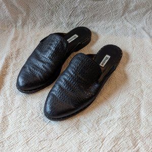 Dune London Black Crocodile Leather Slip On Mule Loafer